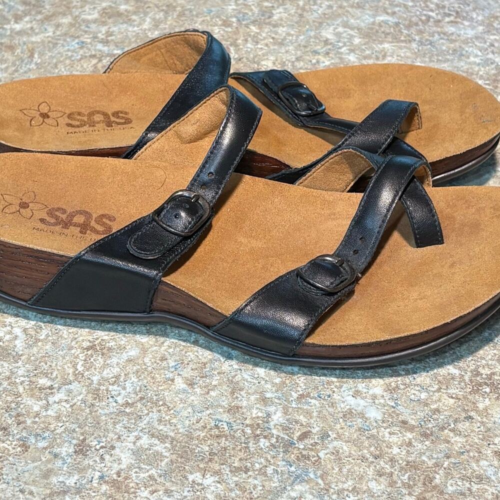 SAS Shelly Brown & Black Toe Loop Leather Sandal Slides Shoes Size 8 Wide - Picture 3 of 11